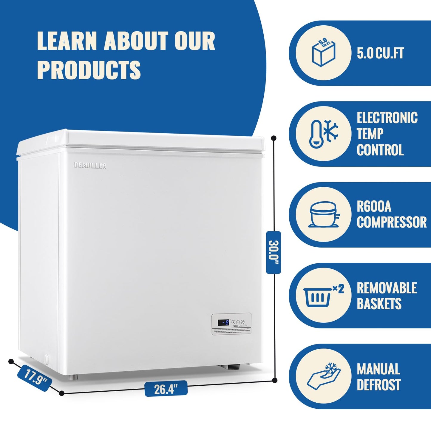 DEMULLER Large Capaity Deep Chest Freezer with Electronic Temperature Control Panel Compact Small Freezers with Two Baskets White (-12℉ to 50℉) Ideal for Kitchen Dorm Apartment