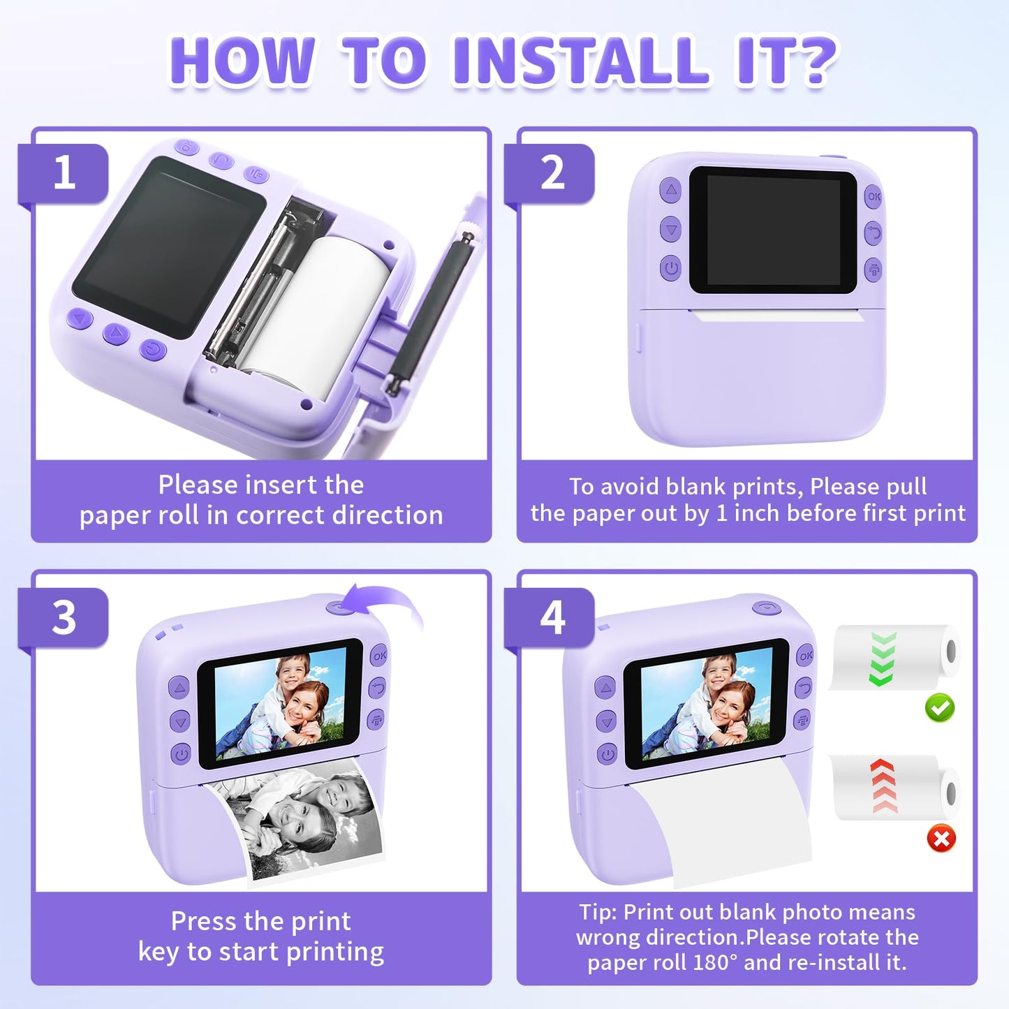 Instant Print Camera for Kids, Christmas Birthday Gifts for Girls Boys, 1080P Instant Digital Print Cameras for Toddler,Portable Toy for 4 5 6 7 8 9 10 Year Old Girl with 32GB SD Card，Purple
