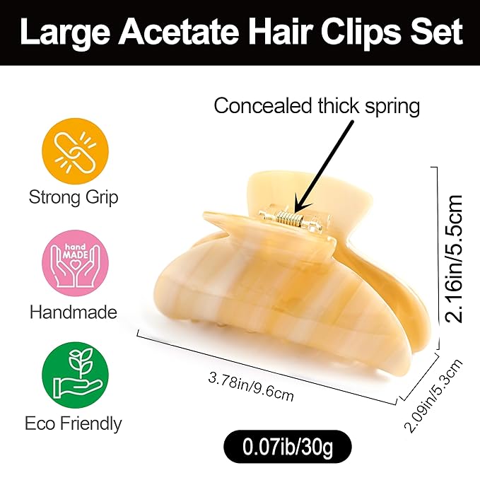 Big Claw Hair Clips for Women Hair Jaw Clips Large Hair Claw Clamps Acetate Hair Clip 2 Pack,Black/Beige