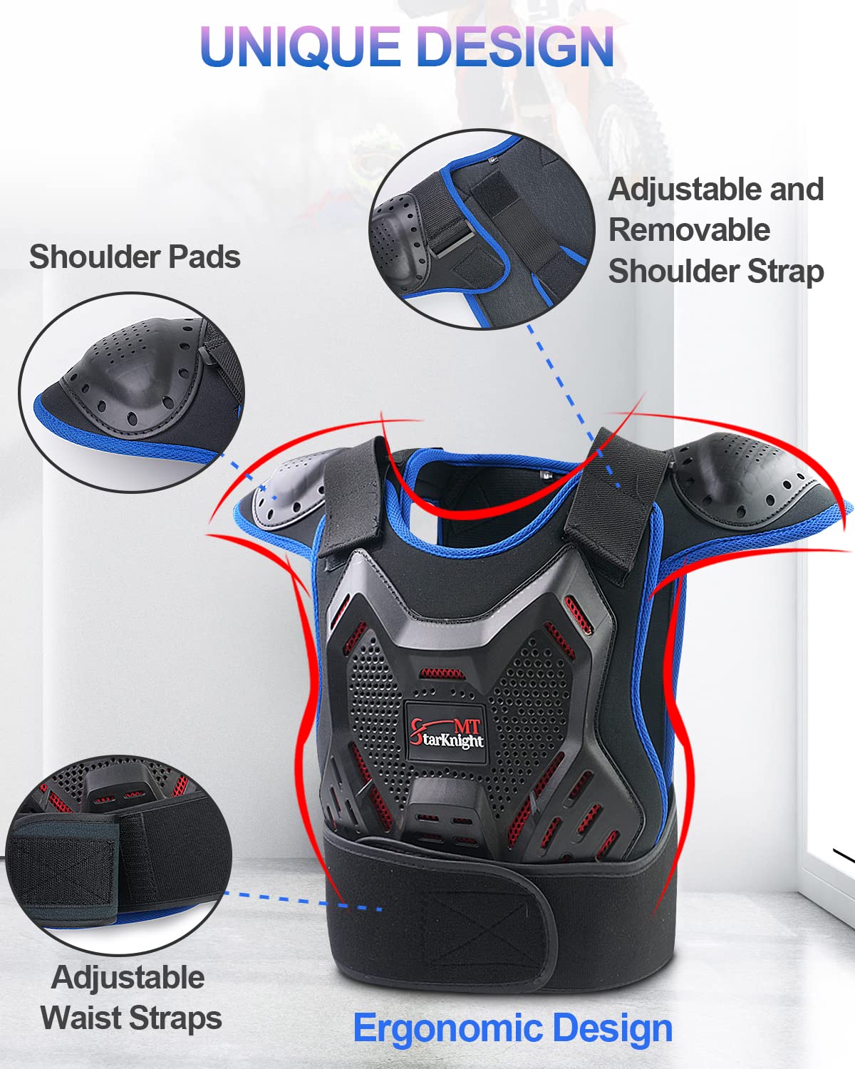 StarknightMT Kids Dirt Bike Gear - Youth Motorcycle Gear Riding Protective Motocross Armor Suit Chest Protector for 5-12 Boys Girls Biking Cycling Skating Off-Road, Blue