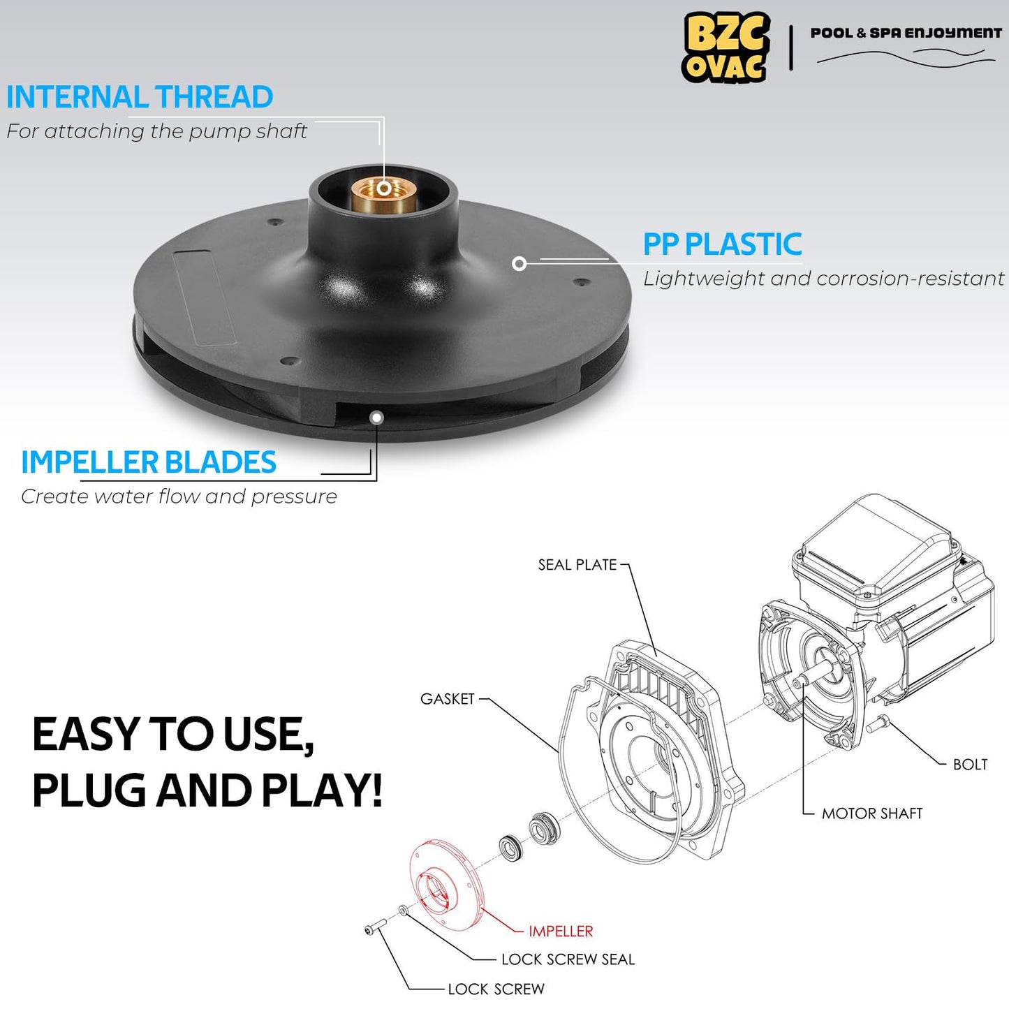 Bzcovac 073129 Impeller Compatible with WhisperFlo 1HP 1.5 HP and 2 HP Pool and Spa Pump, Black
