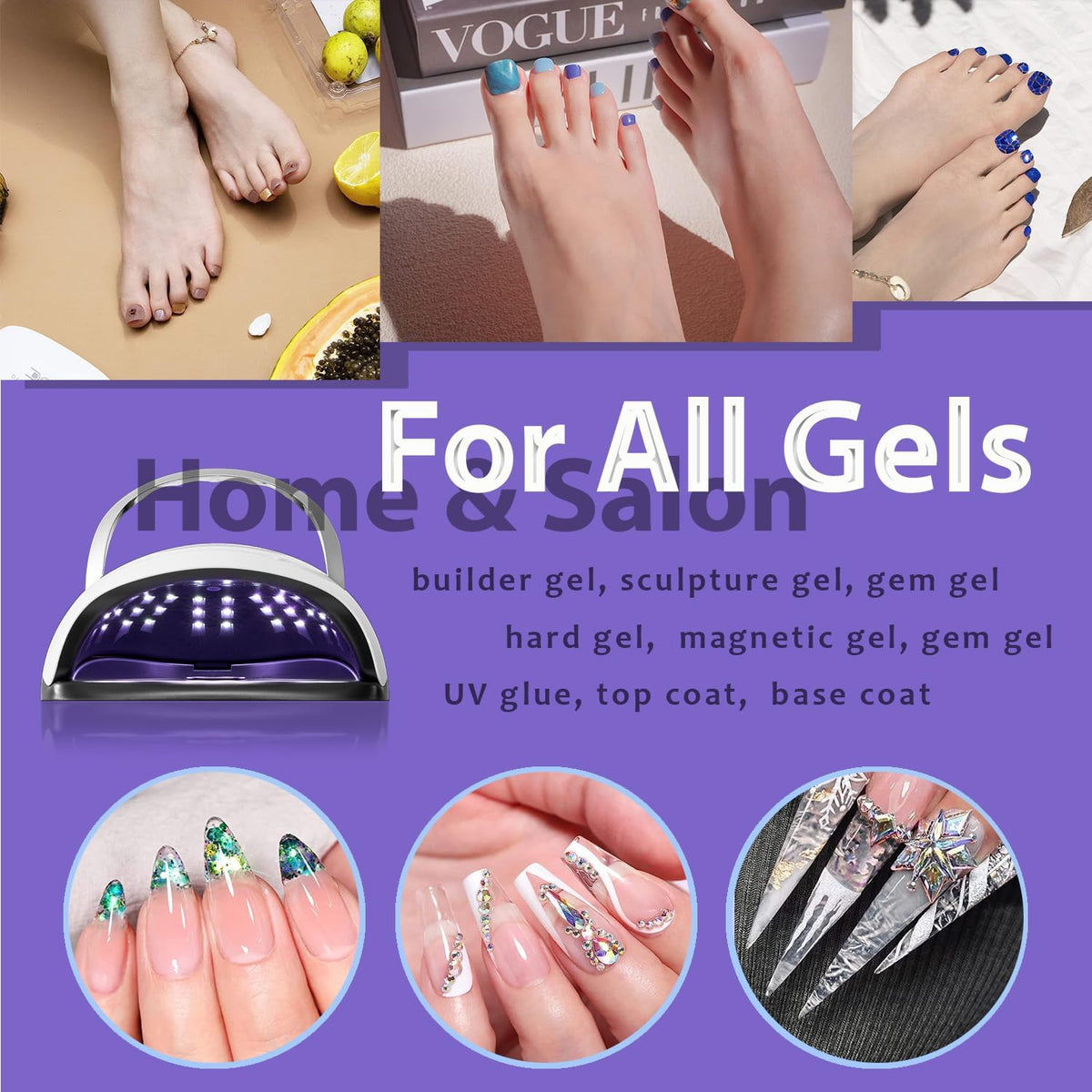 W&H 220W LED UV Light Dryer for Nails Gel Polish Lámpara para Uñas 57 LEDs 4 Timer Preset, Auto On Fingernail Toenail 6ft Powercord