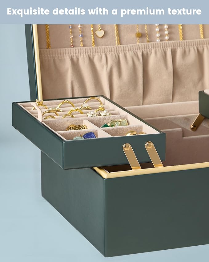 Lolalet Jewelry Box Organizer for Women Girls, 2 Layer Jewelry Organizers and Storage for Necklace Earrings Rings Bracelets, Large Jewellery Holder Case Birthday Valentine Gifts -DarkEmerald