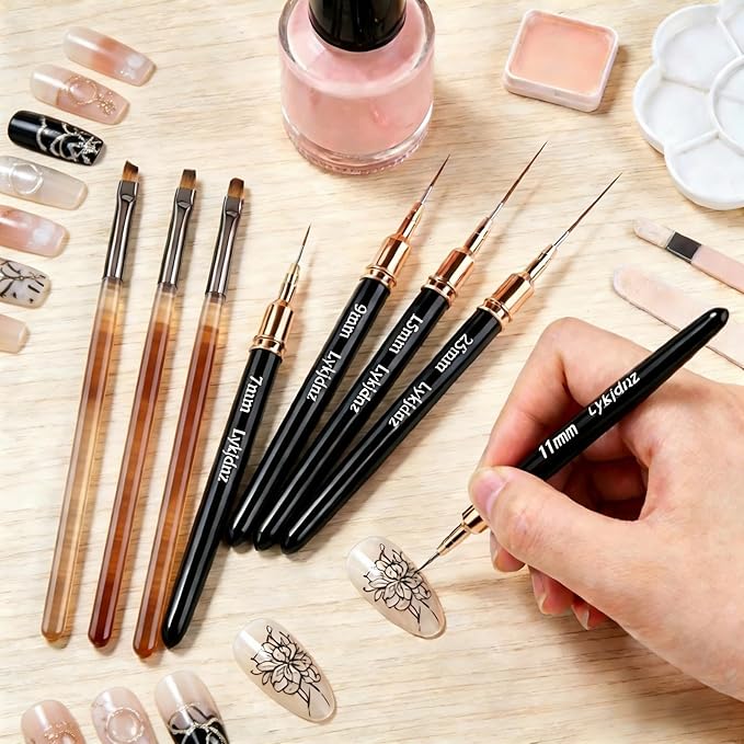 5Pcs Nail Art Liner Brushes, Liner Brush for Nails Gel, Thin Nail Art Brush, Sizes 7/9/11/15/25 mm, 3Pcs Nail Art Clean Up Brushes for Nail Design Painting DIY and Clean Polish Mistake On The Cuticles