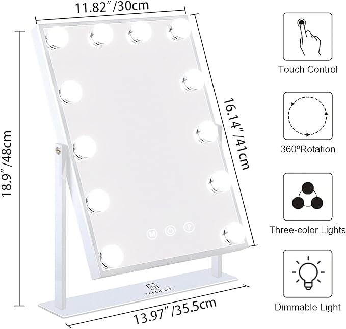 FENCHILIN Lighted Makeup Mirror Hollywood Mirror Vanity Makeup Mirror with Light Smart Touch Control 3Colors Dimmable Light Detachable 10X Magnification 360°Rotation