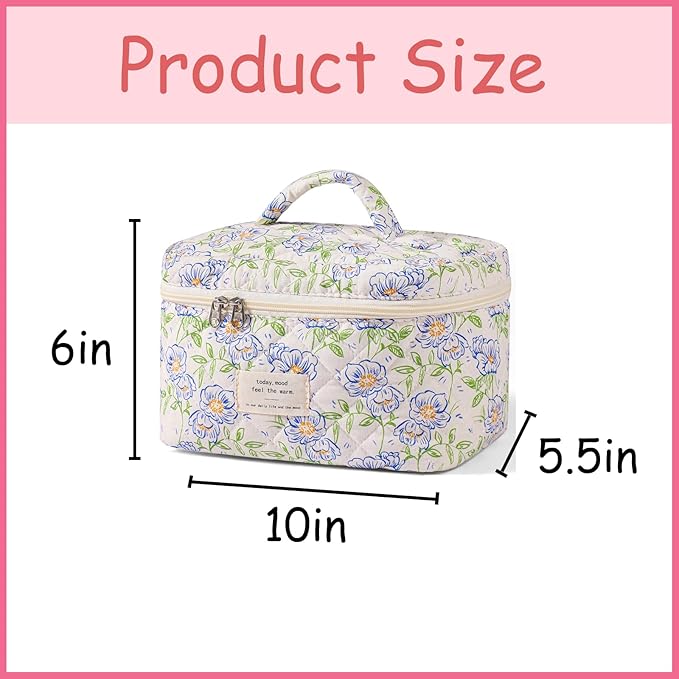 uekeboag Large Travel Quilted Makeup Bag for Women, Floral Cotton Cosmetic Bag, Coquette Aesthetic Floral Toiletry Organizer Bag