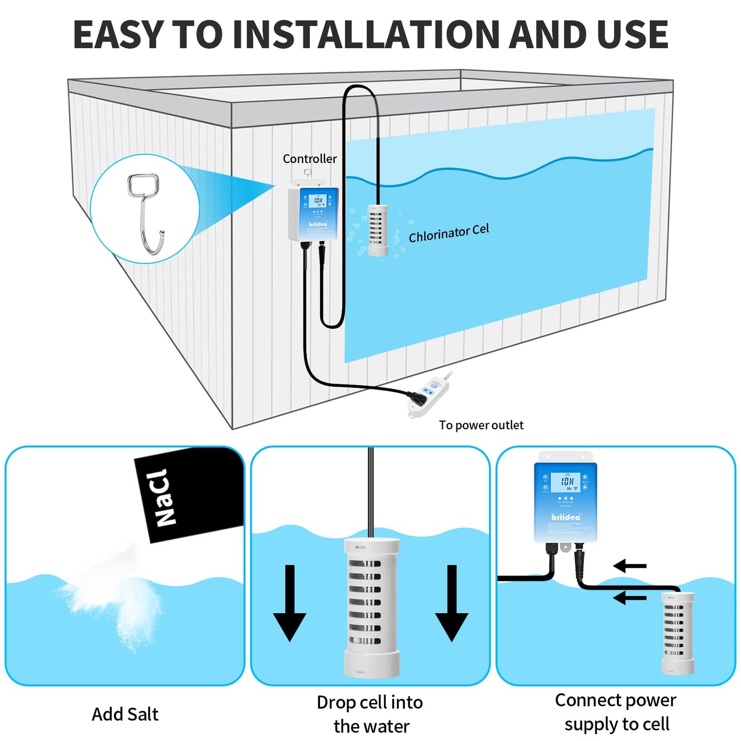 WiFi Salt Chlorine Generator, Briidea Chlorine Generator with USA Titanium Salt Cell, APP Monitoring & Real-Time Salt Alerts, for Swim Spas Up to 2,000 Gallons