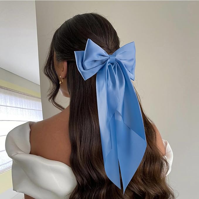 6Pcs Large Bows Hair Clips for Women Girls Long Tail Hair Ribbon Silky Satin Barrettes Coquette Hair Bows Accessories (Light Blue)