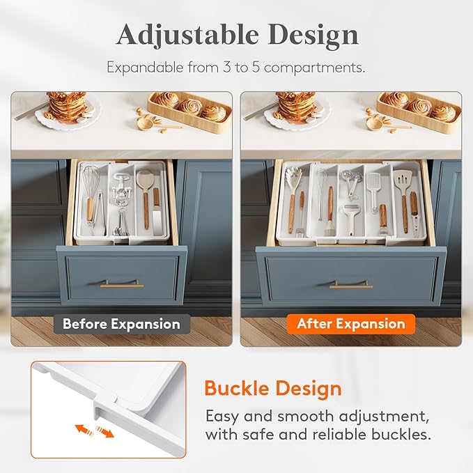 Lifewit Utensil Organizer for Kitchen Drawers, Expandable Cooking Utensil Tray, Adjustable Cutlery Silverware Flatware Holder, Plastic Spatula Tools Storage Divider, 11-18 x 14", White