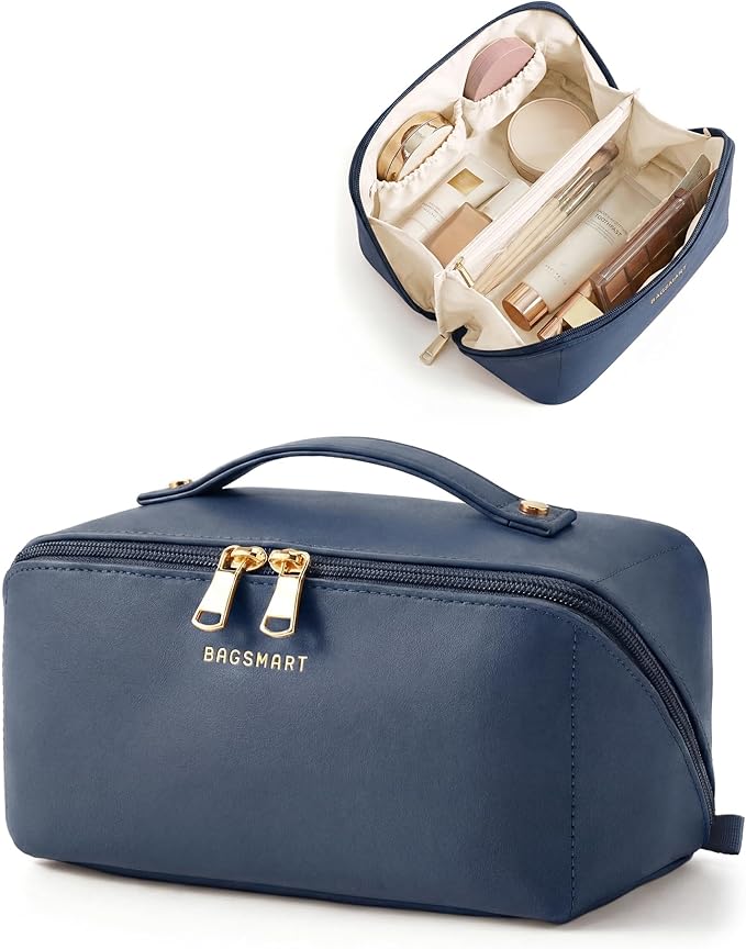 BAGSMART Makeup Bag Travel Cosmetic Bag, Large Make Up Bag Flat Open Toiletry Bag for Women, PU Leather Travel Essentials Organizer Case, Wide-open Pouch Purse for Skincare, Brushes, Deep Navy