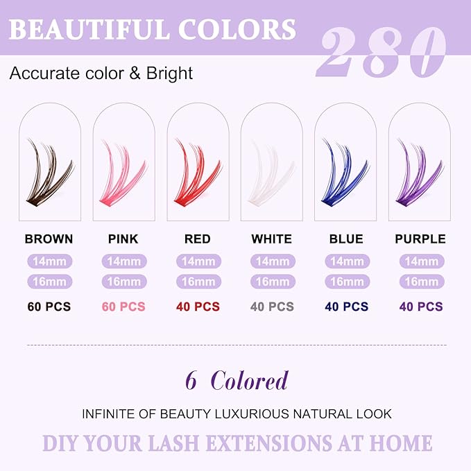 B&Q 280PCS Colored & Rainbow False Eyelashes Kit, 6 Vibrant Colors DIY Volume Lashes, Includes Lash Glue & Remover, Professional Cluster Lashes for Party, Stage, Cosplay, Festival Makeup