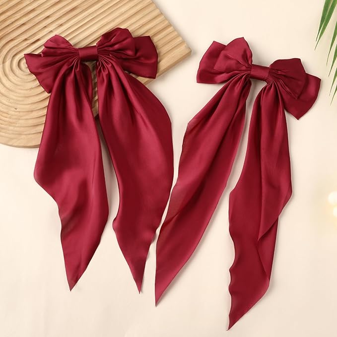 2PCS Big Hair Bow Clips for Women Girls Ã¢ÂÂ Red Satin Ribbon Bow Barrettes with Long Tails, Large Hair Accessories for Ponytail, Holiday, Party & Date Night