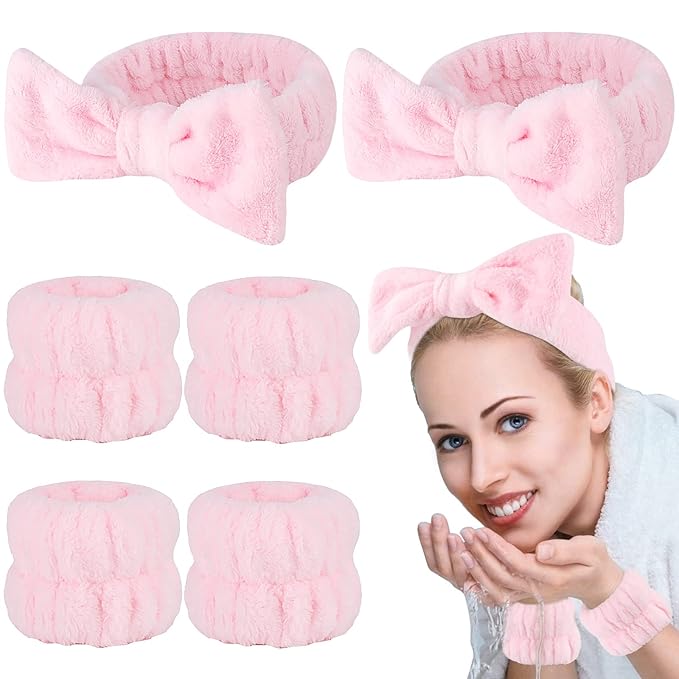 Casoty 6 Pcs Pink Spa Headband and Wristband Set, Microfiber Material, Strong Elasticity, Wide Application for Makeup, Yoga, Reading, Work, Halloween Costume, Pajama Parties, Mother's Day Gift