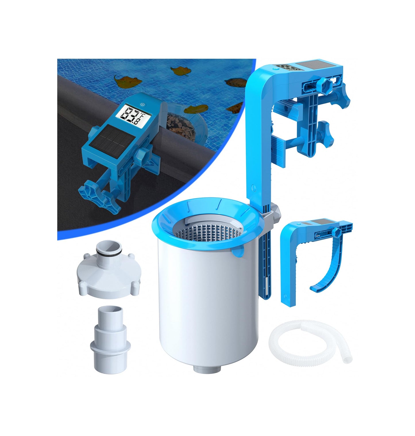 DeeprClean Newly Above Ground Pool Skimmer with Solar Digital Thermometer, Wall Mount Surface Skimmer with Adjustable Height Bracket, Auto Skimming for Pool Surface Floating Leaves & Debris - Blue