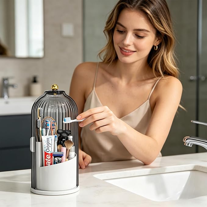 Dustproof Toothbrush Holder with Lid, 360 Rotating Countertop Electric Toothbrush Toothpaste Holders with Cover for Bathroom, 3 Slots Makeup Brush Holder with Lid for Vanity, Clear Grey