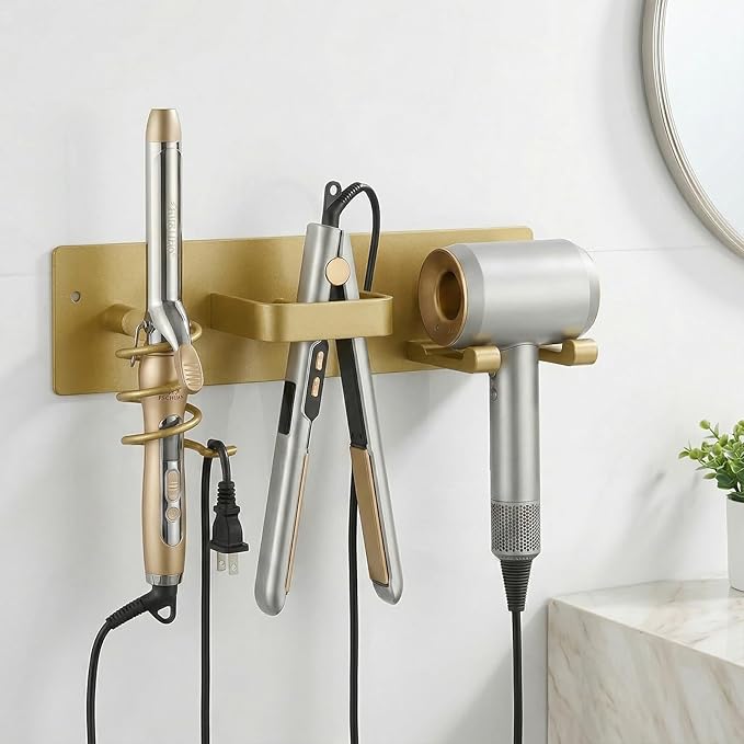 Blow Dryer Holder Wall Mount, 3 in 1 Bathroom Hair Tool Organizer with Curling Iron Holder & Flat Iron Holder, Universal Hair Dryer Holder Rack Storage (Champagne Gold)