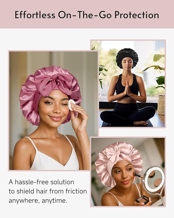 Yanideer 3 pcs Adjustable Satin Bonnets for Sleeping Double Layer Satin Lined Hair Bonnet with Tie Band for Women Curly Hair