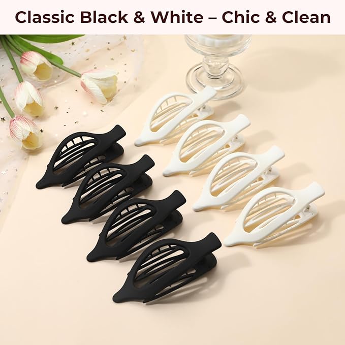 8 Pack Black and White Flat Hair Clips – Matte French Claw Clips for Women, Neutral Non-Slip Hair Accessories for Daily Styling, Strong Hold Minimalist Barrettes for Work or School