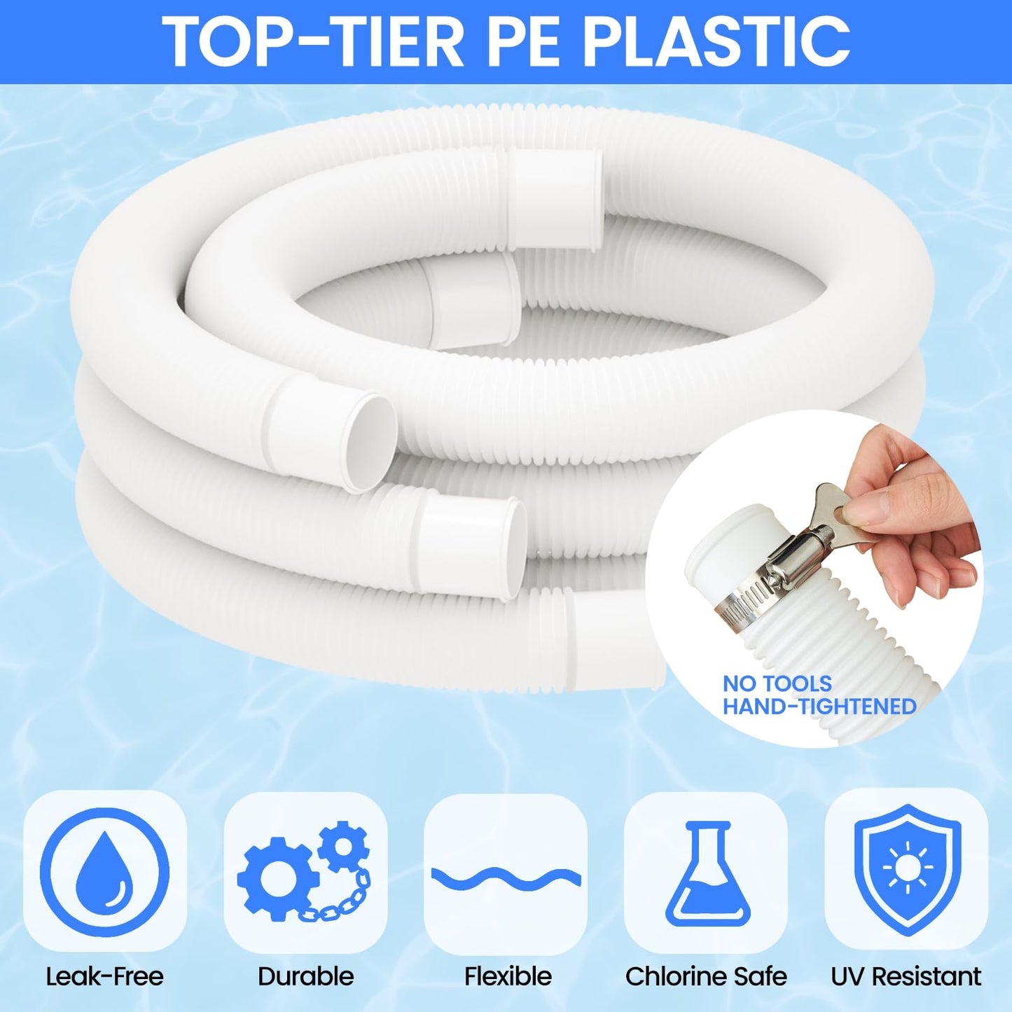 Poolvio 1.5" x 59" Above Ground Pool Hoses, 3-Pack, White- Heavy Duty UV Resistant Leak-Proof Replacement Hoses with 6 Metal Thumb Clamps, Perfectly Fits Intex Filter Pumps & Pool Surface Skimmers