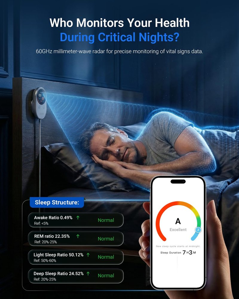 SOMNDEEP Contactless Health Monitor, Bedside Heart Rate & Breathing Monitor, Millimeter-Wave Radar, Precise Data, Medication Tracking, APP Sharing for Seniors or Patients with Chronic Diseases at Home