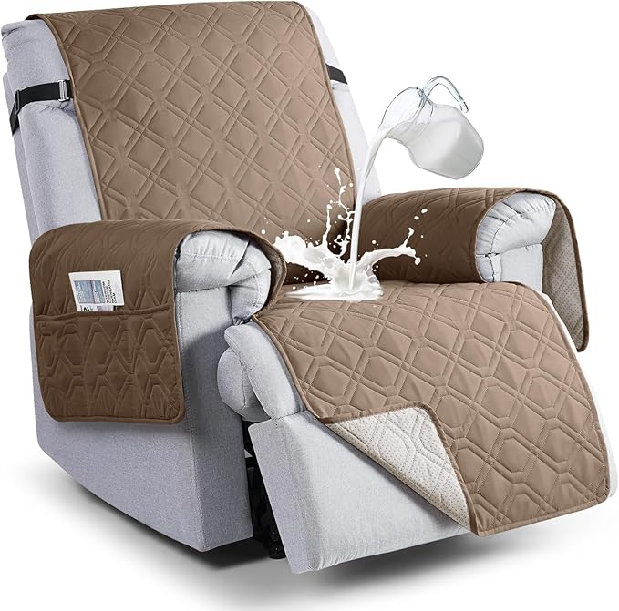 VANSOFY 100% Waterproof Recliner Chair Covers, Recliner Cover Non-Slip Dog Chair Cover Furniture Protector Washable Slipcover with Pocket, Elastic Straps for Pets, Dogs(Light Brown, 30")