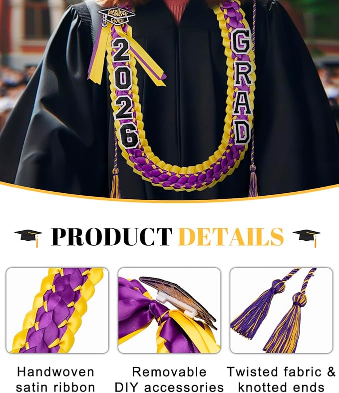 ALKB 2026 Graduation Lei Set - Two-Tone Braided Ribbon with Honor Cord, Unisex Graduation Gift for Graduates, Polyester
