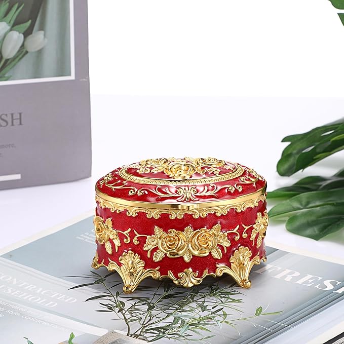 Hipiwe Oval Jewelry Box Classic Metal Trinket Organizer Ring Storage Box with Rose Pattern Jewelry Storage Box for Ring Earrings Necklace, Gift for Women, Red