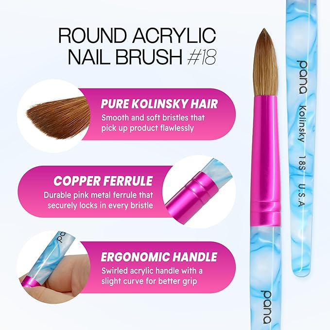 PANA USA Acrylic Nail Brush Pure Kolinsky Hair Acrylic White Swirl Blue Handle with Pink Ferrule Round Shaped - Size 18