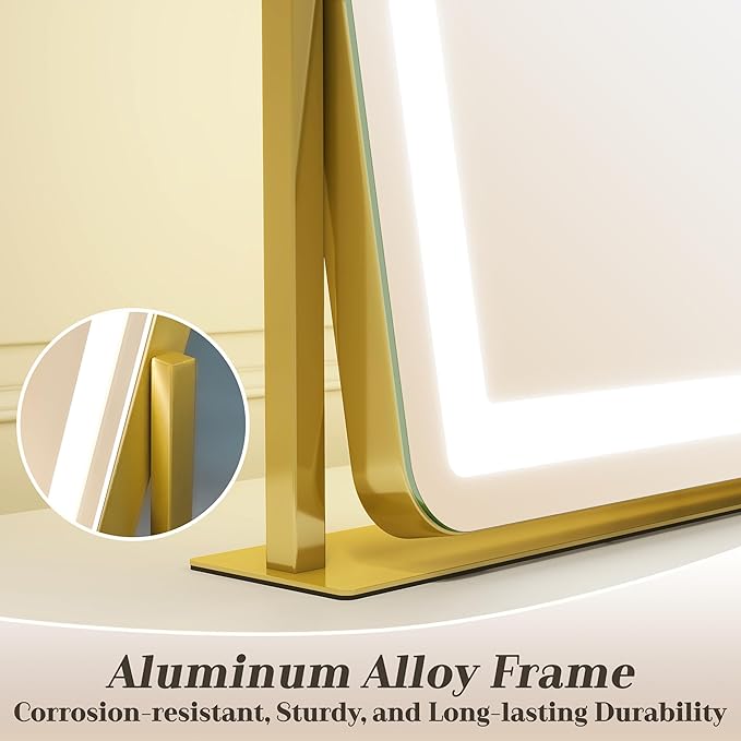 ROLOVE Gold Vanity Mirror with Lights - Smart Touch Dimming, 3-Color Lighting, 360° Rotatable Desktop Makeup Mirror for Desk, 22"x17"