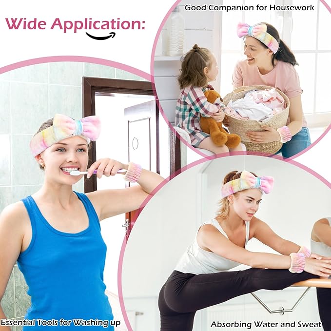 3PCS Spa Headband and Wristbands Set for Women, Soft Microfiber Face Wash Headband with Cute Bow, Elastic Absorbent Wrist Towels, Makeup Skincare Accessories for Facial, Shower, Yoga