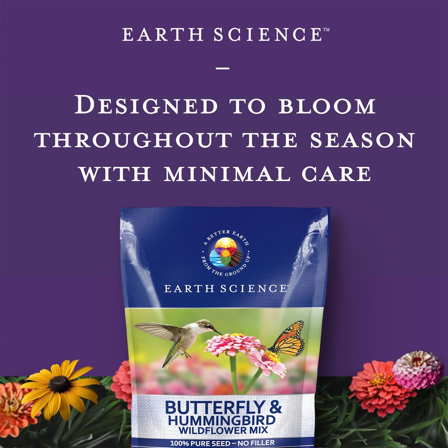Earth Science Butterfly & Hummingbird Wildflower Seed Blend - 4oz - Premium Flower Seeds to Attract Bees, Butterflies, Hummingbirds & Native Pollinators - Non GMO