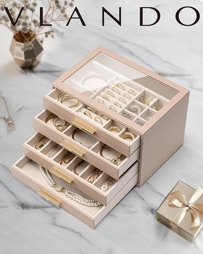 VLANDO 4 Layer Jewelry Box for Women, Glass Lid Jewelry Organizer with 4 Drawers for Necklaces Rings Earrings Bracelets - Toffee