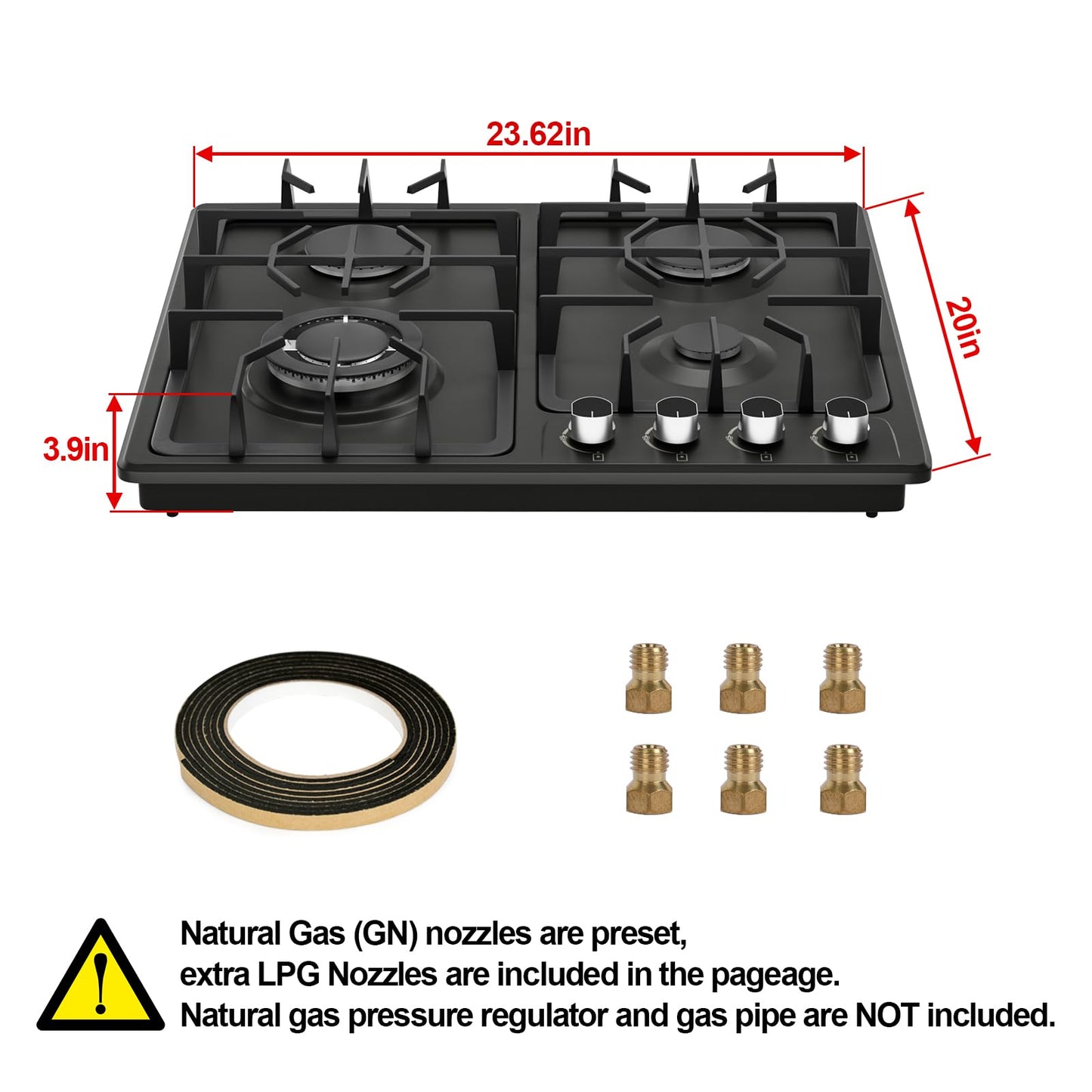 FVBADE 24inch 4 Burners Gas Cooktop Stainless Steel Built-in Gas Stove with NG/LPG Convertible Dual Fuel with Thermocouple Protection for Kitchen，Outdoor, Camping, RV