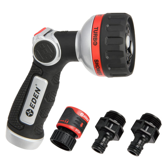 Eden 94814 Metal Thumb Control Heavy Duty Garden Hose Nozzle, Water Sprayer Nozzle with 6 Adjustable Watering Patterns, W/Quick Connect Starter Set for Plants, Lawn, Garden