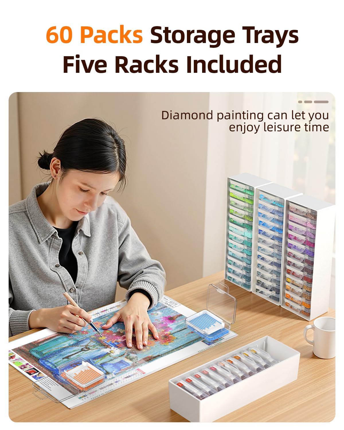 Redtwo 60pcs Diamond Painting Storage Containers Trays with Two Layers, 3-in-1 Diamond Painting Trays with Lids, Diamond Art Accessories, Diamond Art Drills Storage & Line-Up