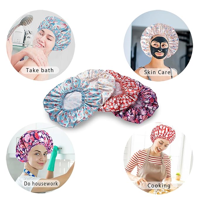 Shower Caps for Women, 4 PCS Elastic and Reusable Bath Caps, Double Layers Shower Cap Reusable Waterproof, Bathing Shower Caps, Environmental Bath Hair Protection Cap - Shell