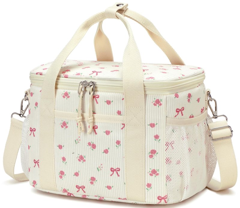 BTOOP Insulated Lunch Box for Women, Cute Leakproof Lunch Tote, Large Capacity Aesthetic Lunch Bag Girls with Shoulder Strap for Work, School, Picnic Pink Bow Floral