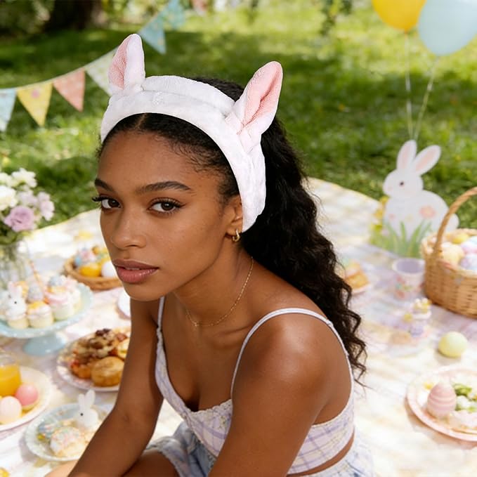 YISSION Cute Bunny Ear Spa Headband & Wristband Set for Women and Girls - Soft Plush Makeup Headband with Embroidered Bunny & Cherry Wrist Towels for Face Washing, Skincare, Easter (White & Pink)