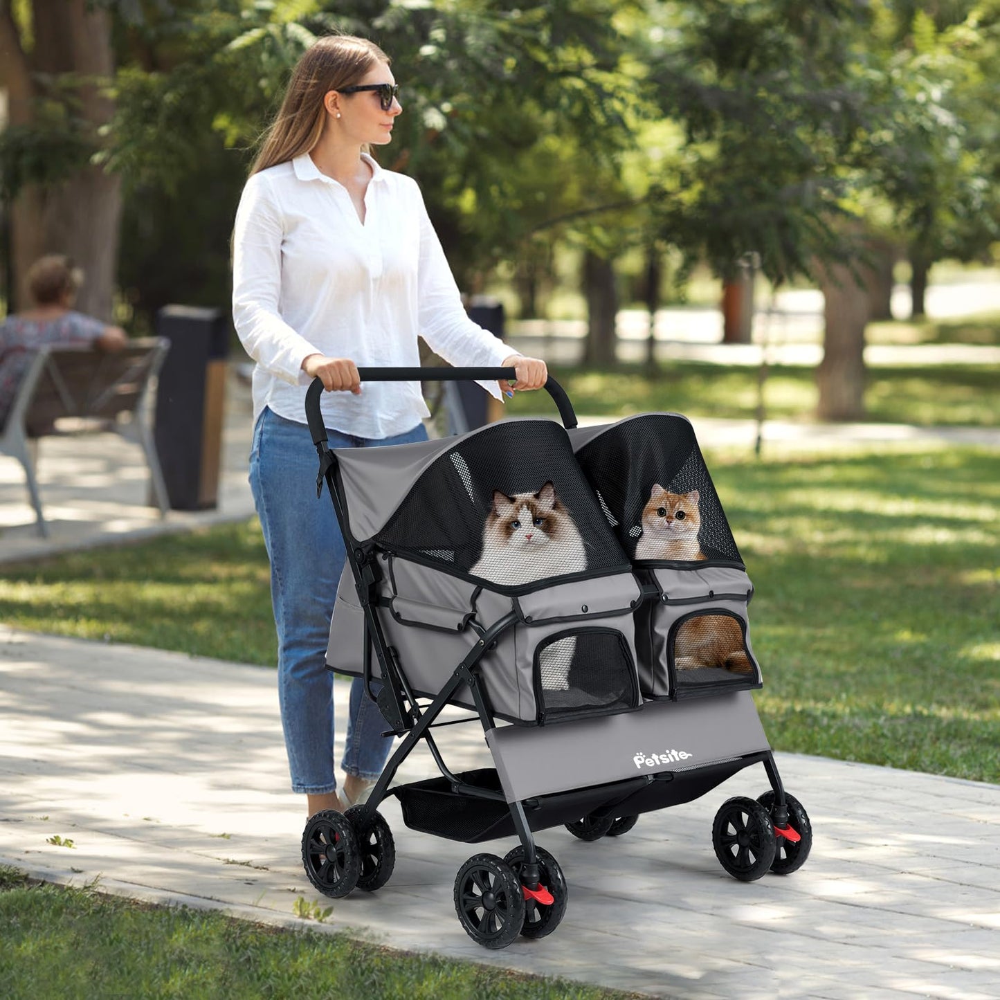 PETSITE Double Pet Stroller, Foldable Double Dog Stroller with 2-Seater Carrier, Adjustable Sunshade, Removable Pad, Safety Belt, Storage Basket, 4-Wheel Pet Travel Cart for 2 Puppies & Cats (Grey)