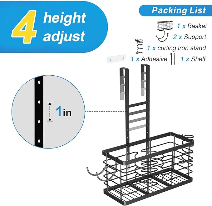 Sevenblue Hair Tool Organizer, 3-in-1 Universal Hair Dryer Holder, Adjustable Height Metal Blow Dryer Holder Wall Mounted/Over Cabinet Door/Free-Standing, 12.2 * 5 * 6.1" (XL Black)