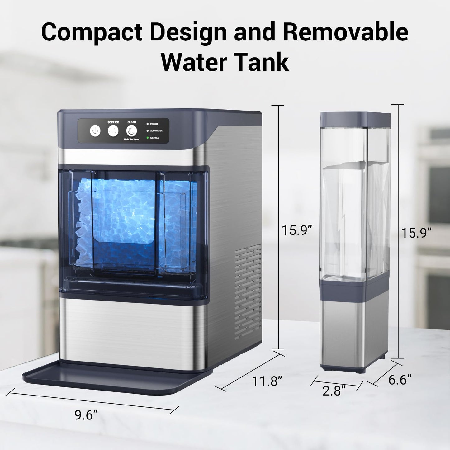 Nugget Ice Maker Countertop 44 Lbs/24h, Chewable Nugget Ice Machine with Side Water Tank, Ready in 5-10 Mins, Self-Cleaning Pellet Ice Machine,Stainless Steel,Scoop Included