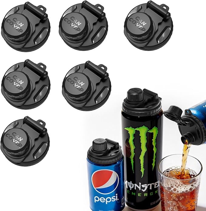 6-Pack Soda Can Lids with Twist-Off Caps Reusable BPA-Free Can Covers for Soda, Beer & Energy Drinks, Universal Fit 202/206 Cans, Helps Maintain the Taste of The Beverage (Black)