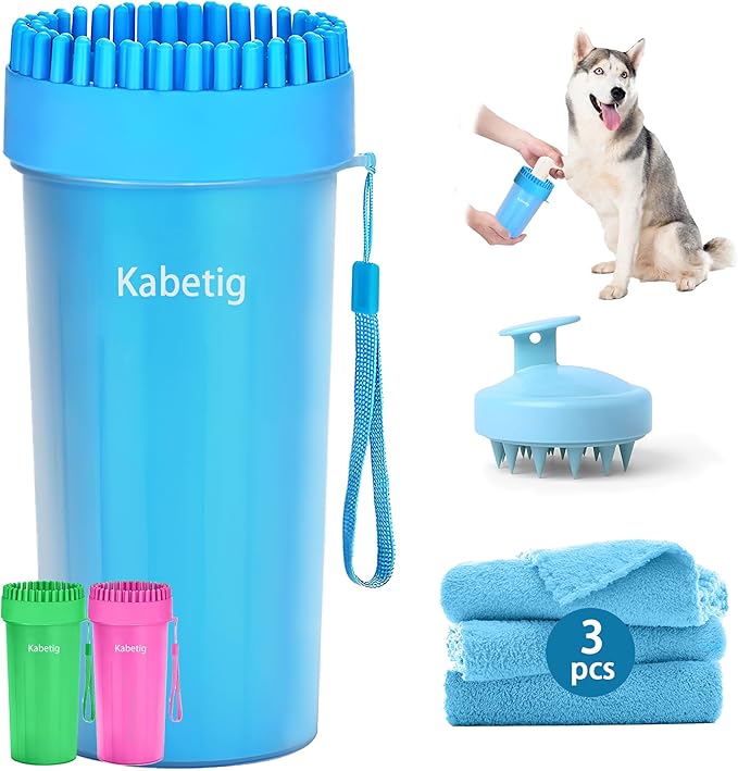 Dog Paw Cleaner Kit for L/XL Dogs - Quick Clean No Full Bath, 2-in-1 Paw Wash Cup with Detachable Silicone Brush Head, Includes Bath Brush & 3 Absorbent Towels, Blue