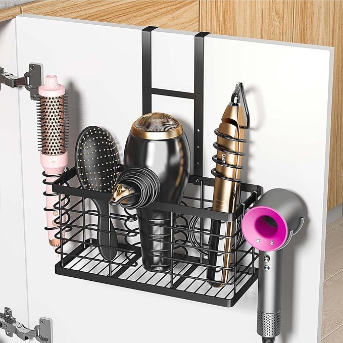Sevenblue Hair Tool Organizer, 3-in-1 Universal Hair Dryer Holder, Adjustable Height Metal Blow Dryer Holder Wall Mounted/Over Cabinet Door/Free-Standing, 12.2 * 5 * 6.1" (XL Black)