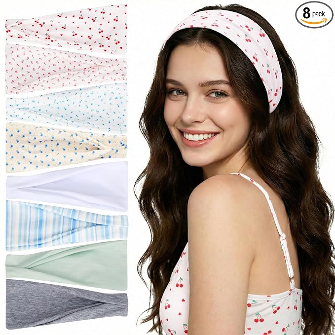 obeoby 8 Pack Cherry Headbands for Spring Summer Outfits, Non Slip Fashion Floral Headbands for Women Girls