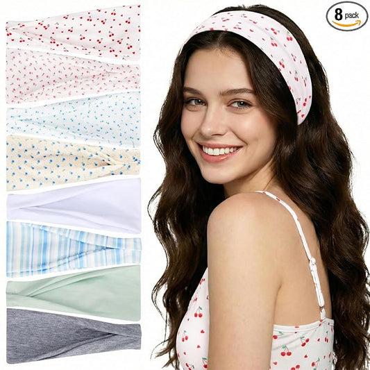 obeoby 8 Pack Cherry Headbands for Spring Summer Outfits, Non Slip Fashion Floral Headbands for Women Girls