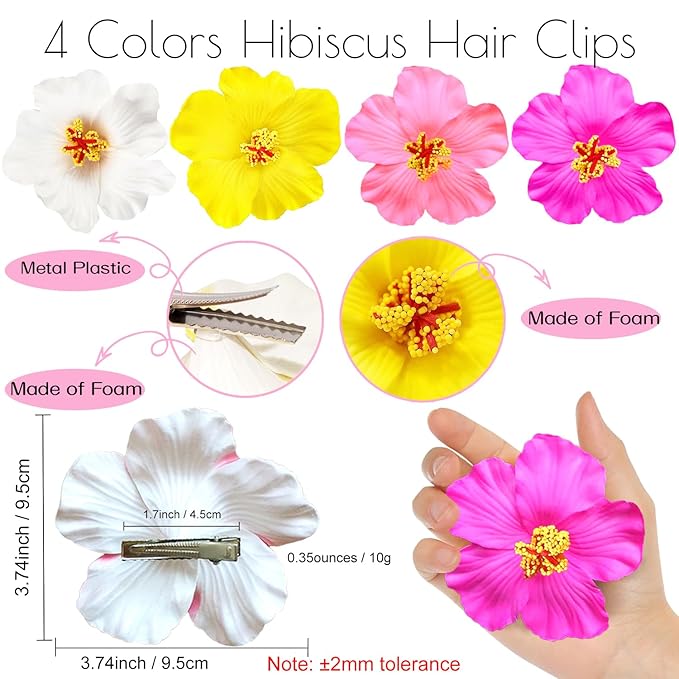 4Pcs Hawaiian Flower Hair Clips for Women,Plumeria Hibiscus Hair Clips Rose Hair Barrettes 3.5 Inch Artificial Flower Clips,Hair Accessories for Vacation Beach Party, Boho Clips for Girls Wedding