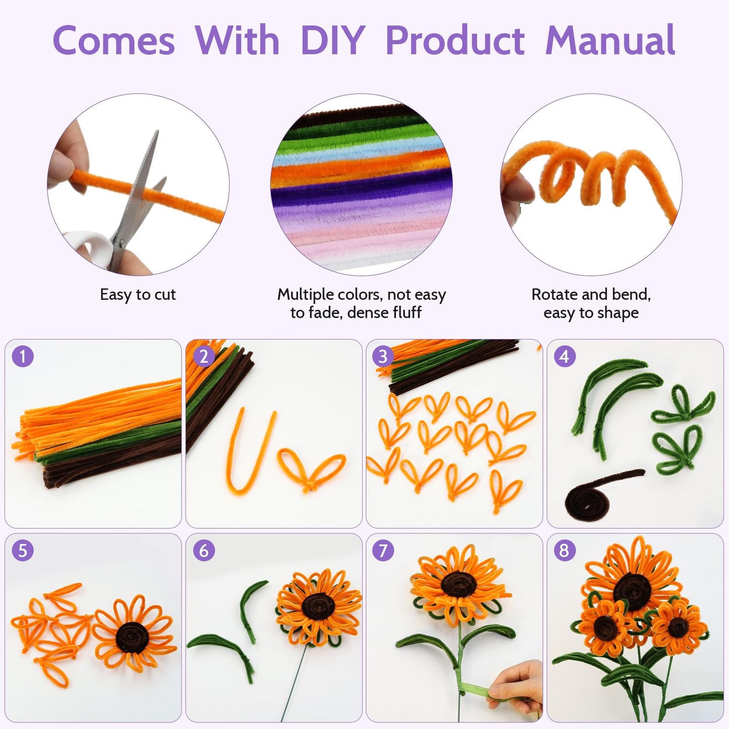 800 PCS Pipe Cleaners Craft, Pipe Cleaners Flowers Kit with Handle, 13 Colors Chenille Stems with Instruction, Art and Craft Supplies