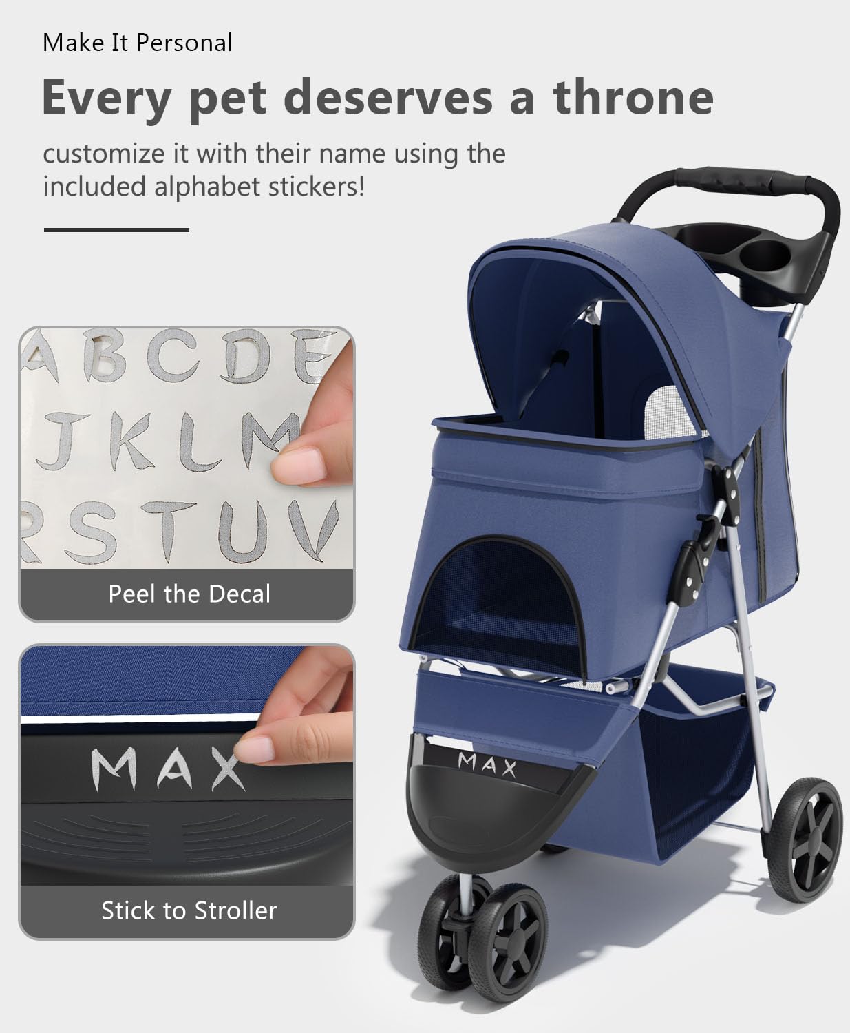 OS MOTOR Pet Stroller with 3 Wheels for Small/Medium Pets, Portable Travel Foldable Carrier Jogger for Dog Cat Puppy Kitty, Rear Wheel Breaks, Storage Basket, Visible Mesh Weather Cover (Navy Blue)