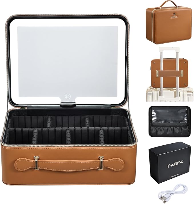 Faquenc Leather Makeup Case with LED Lighted Mirror 11.4 Inch Travel Makeup Bag Adjustable Brightness in 3 Colors Cosmetic Organizer Artist Storage Bag with Dividers Brush Holder Bag Vanity Brown